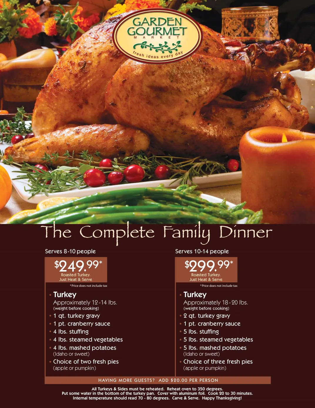 The Complete Family Dinner menu - $249.99 serves 8 to 10, $299.99 serves 10 to 14