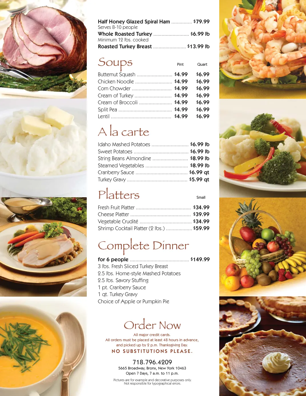 Holiday menu and a la carte price list