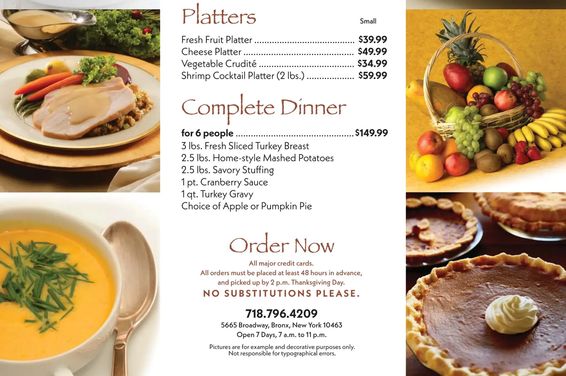 Holiday platters and complete dinner menu panel